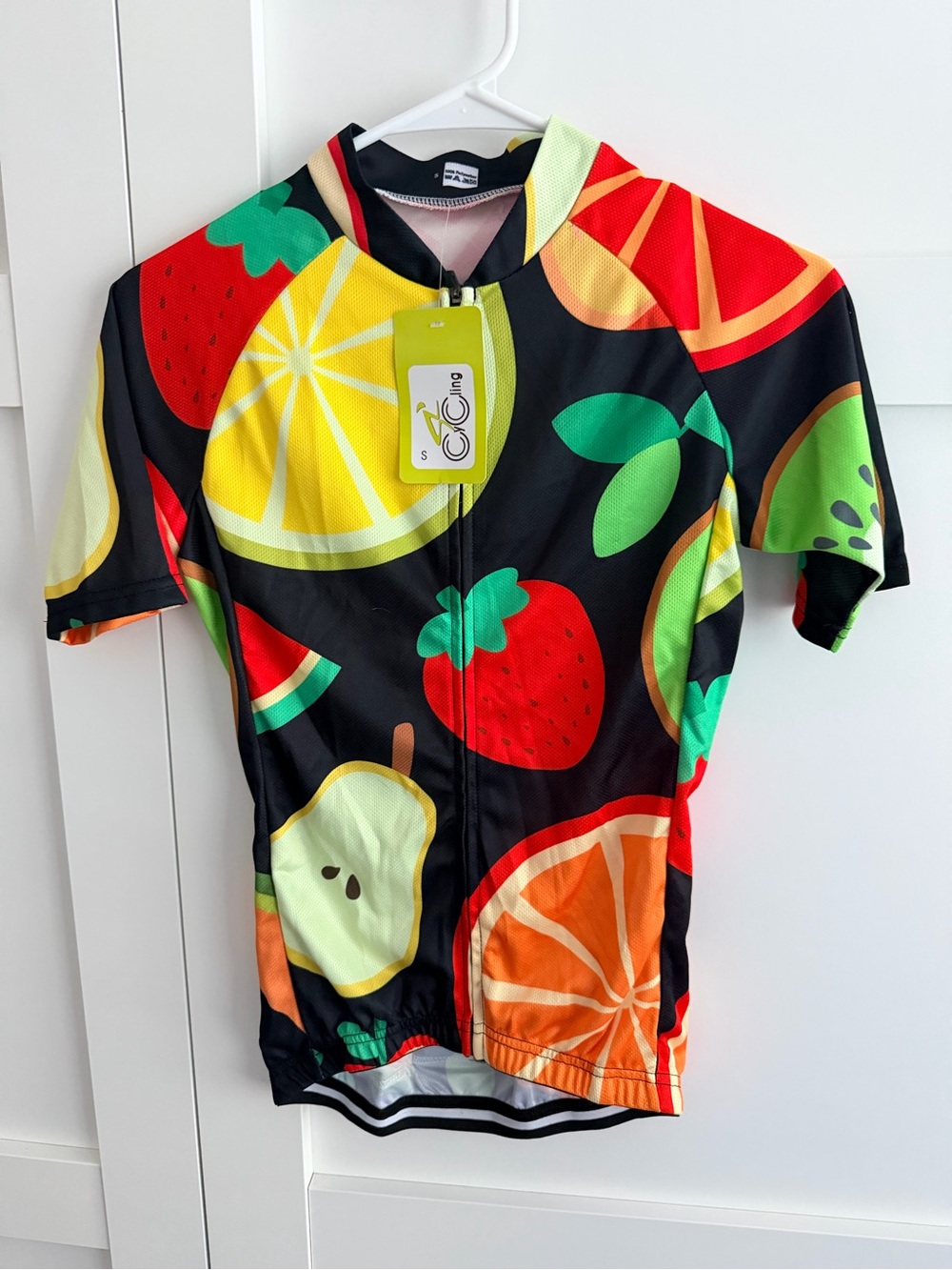 Fruit Print Cycling Jersey - Black with Bright Citrus & Berry Graphics